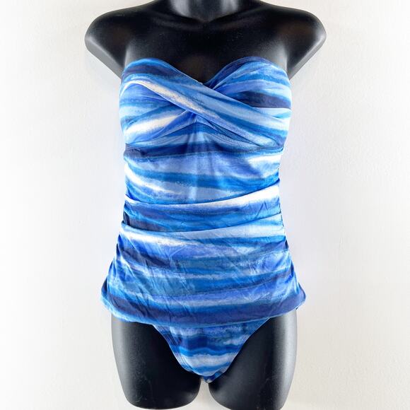 Tommy Bahama Ruched Strapless One Piece Swimsuit Blue 10 - Picture 1 of 5